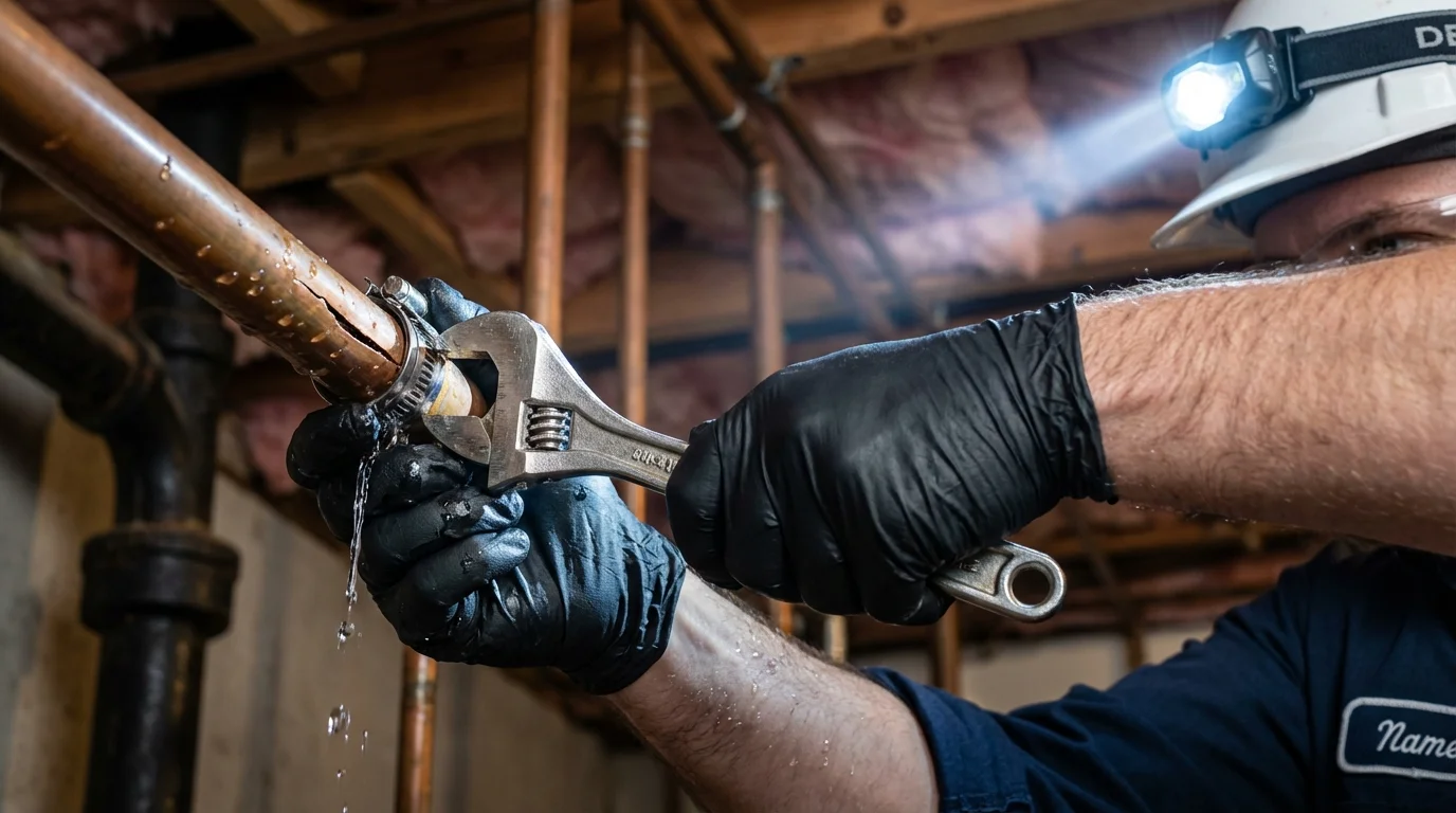 Emergency pipe clamp repair being performed by a Johns Plumbing LLC plumber in Freedom