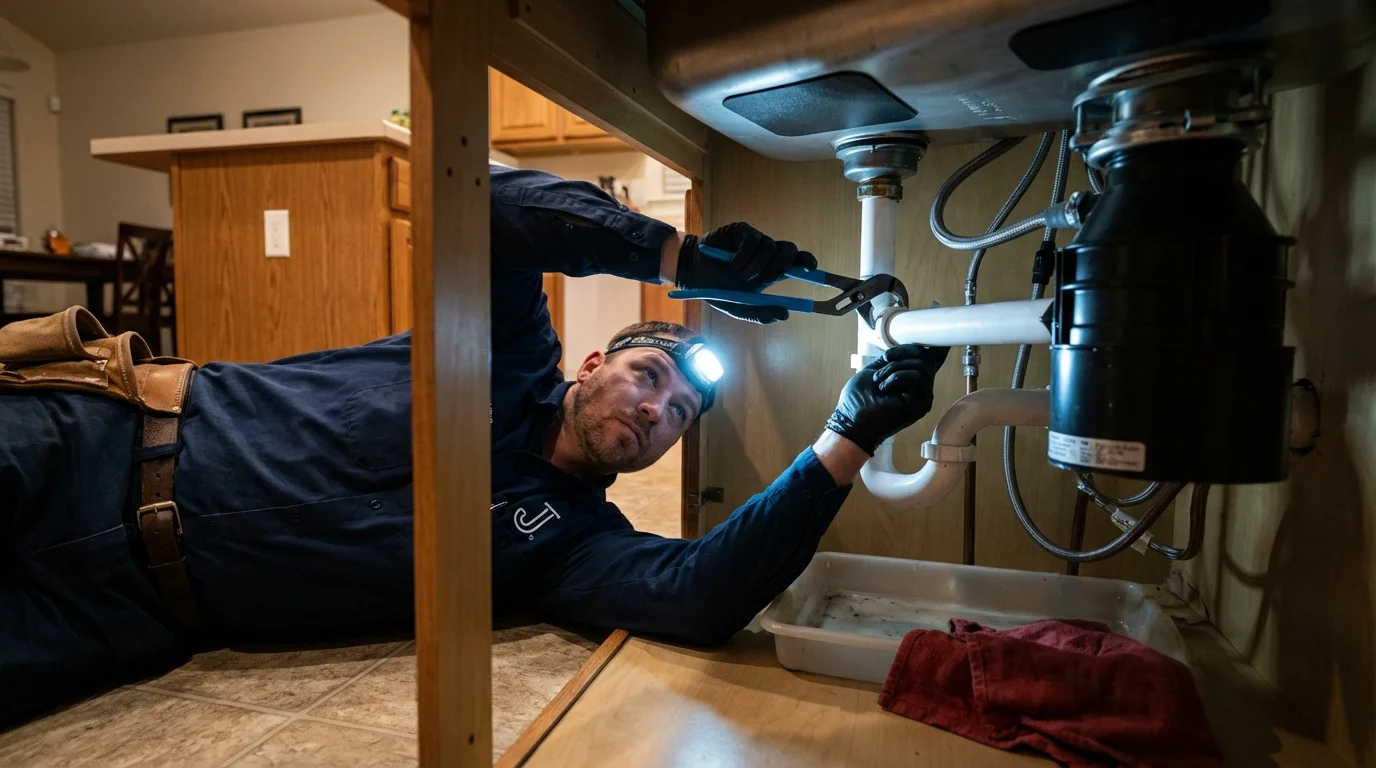 P-trap and supply line connections under a kitchen sink showing a common leak point in Freedom, PA